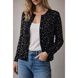 Talbots Black Sequin Cardigan M Merino Wool Blend Vintage 90s Classic